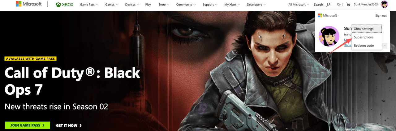 Use the profile dropdown menu to access subscriptions for how to cancel Xbox Game Pass on PC.