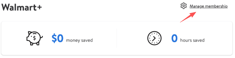 Screenshot showing the manage membership link and gear icon used to learn how to cancel Walmart Plus effectively.