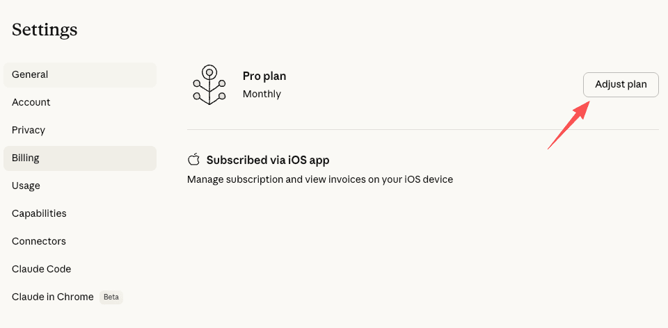 Navigate to the billing settings menu and click the adjust plan button to successfully cancel Claude Pro online.