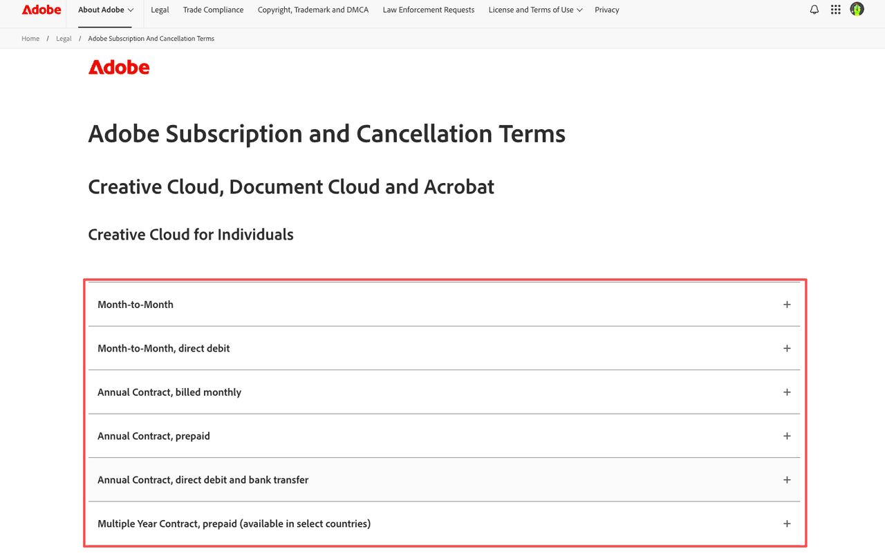 Adobe subscription and cancellation terms showing month-to-month and annual contract plans for Creative Cloud individuals in 2026