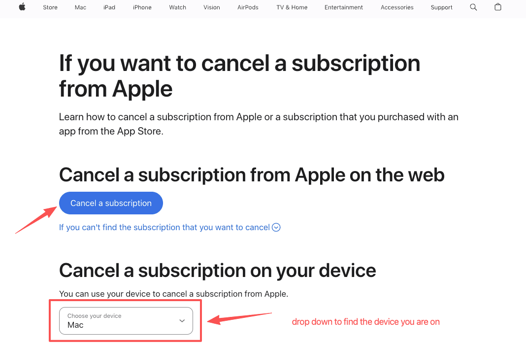 Apple support website steps explaining how to cancel subscription on iphone or other Apple devices.