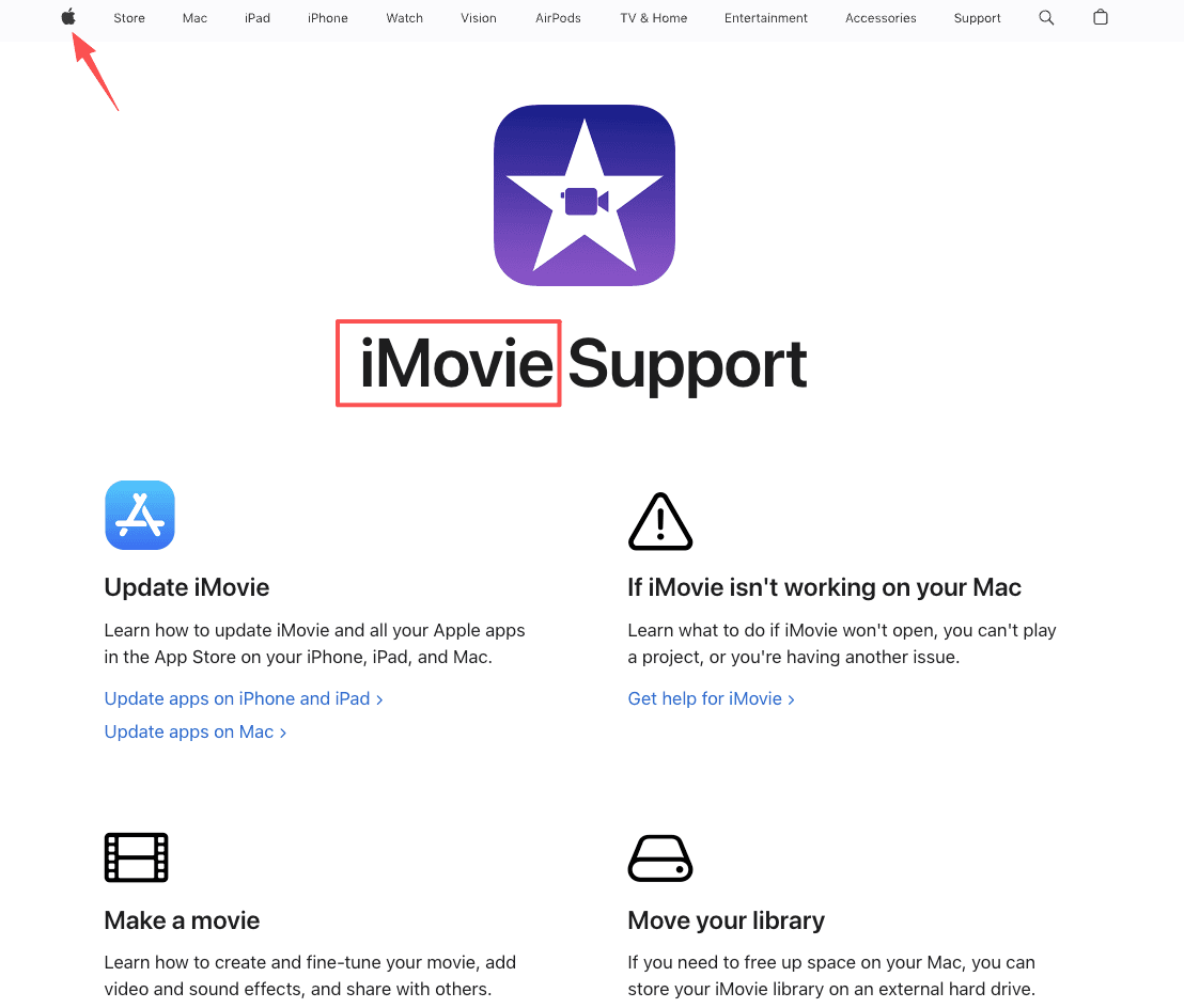 Apple iMovie support page, a popular choice among free CapCut Pro alternatives for Mac and iOS.