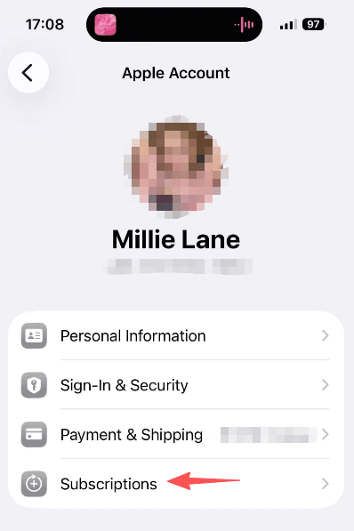 Tap on the Subscriptions tab within your Apple Account settings to cancel headspace subscription on iOS.