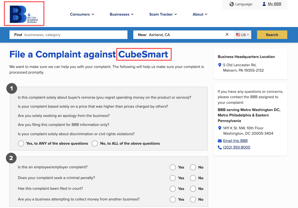 File a Better Business Bureau complaint if you face unfair charges or disputes during your cubesmart move out process.