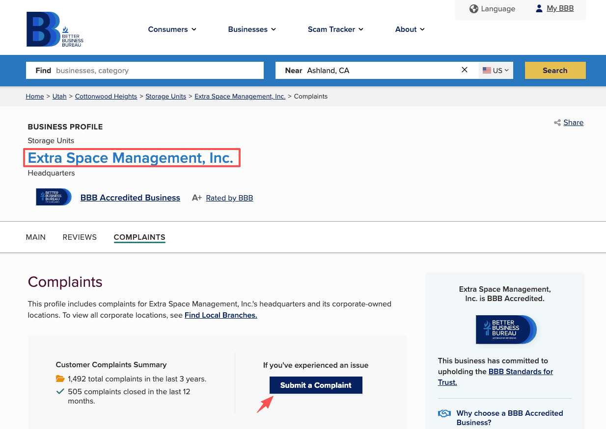 The Better Business Bureau complaints page showing the submit button to use if you cannot cancel extra space storage.