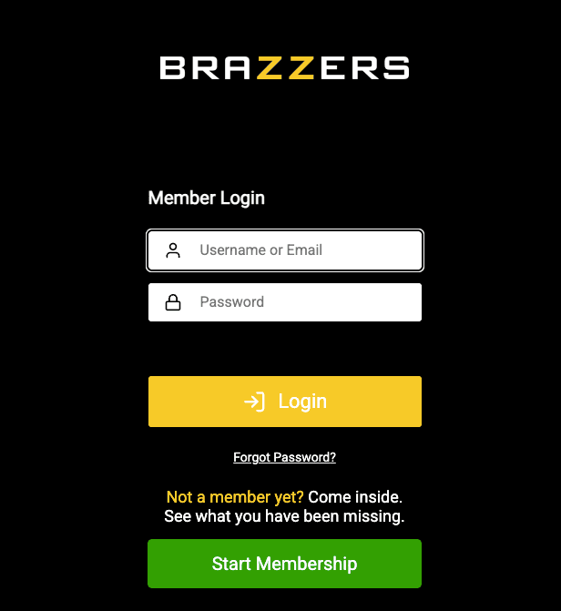 The official Brazzers member login page, featuring form fields for username and password, a yellow login button, and a green start membership button. Access to content.