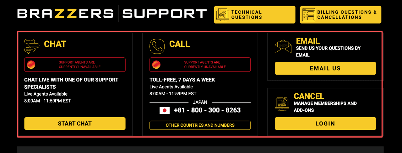 A comprehensive Brazzers support page with chat, phone (toll-free number for Japan listed), email, and a key section for managing and canceling memberships. Essential cancel info.