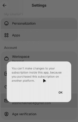 ChatGPT iOS app settings error popup saying you can't change subscription because purchased on another platform