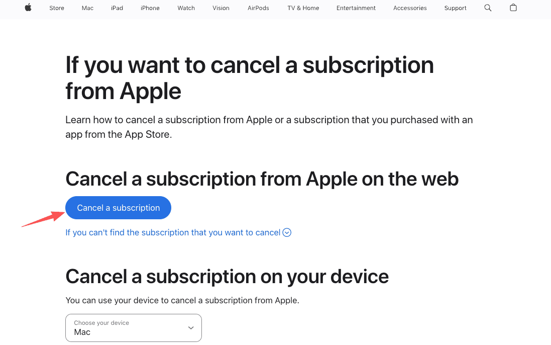The Apple support page displaying the button to manage subscriptions for users needing to cancel audible subscription on iOS.