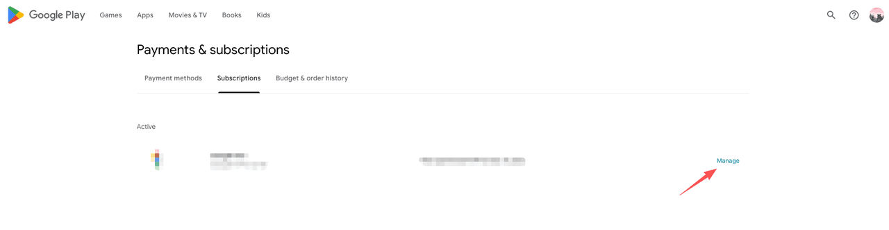 Google Play Store payments and subscriptions tab with Manage button highlighted to cancel active Hulu subscription directly on Android in 2026.