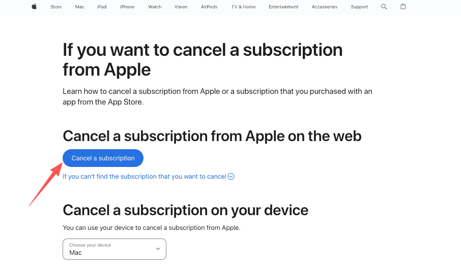 Apple support page guide showing blue Cancel a subscription button to cancel Hulu subscription purchased through App Store or iTunes in 2026.