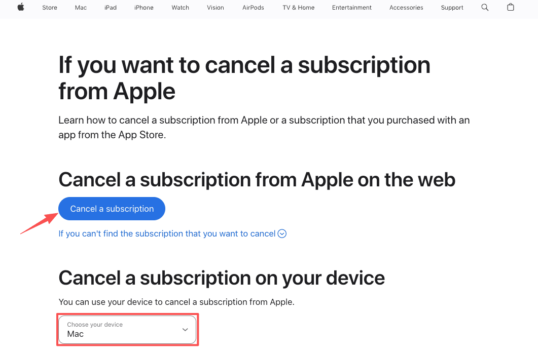 Apple support page for canceling subscriptions purchased via App Store, highlighting blue Cancel button and device selection to stop NBA League Pass billing on iPhone, iPad, or Mac