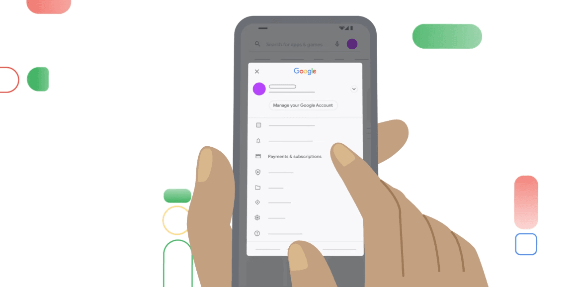 Android phone displaying Google account menu with Payments & subscriptions option to manage and cancel NBA League Pass subscription purchased through Google Play Store