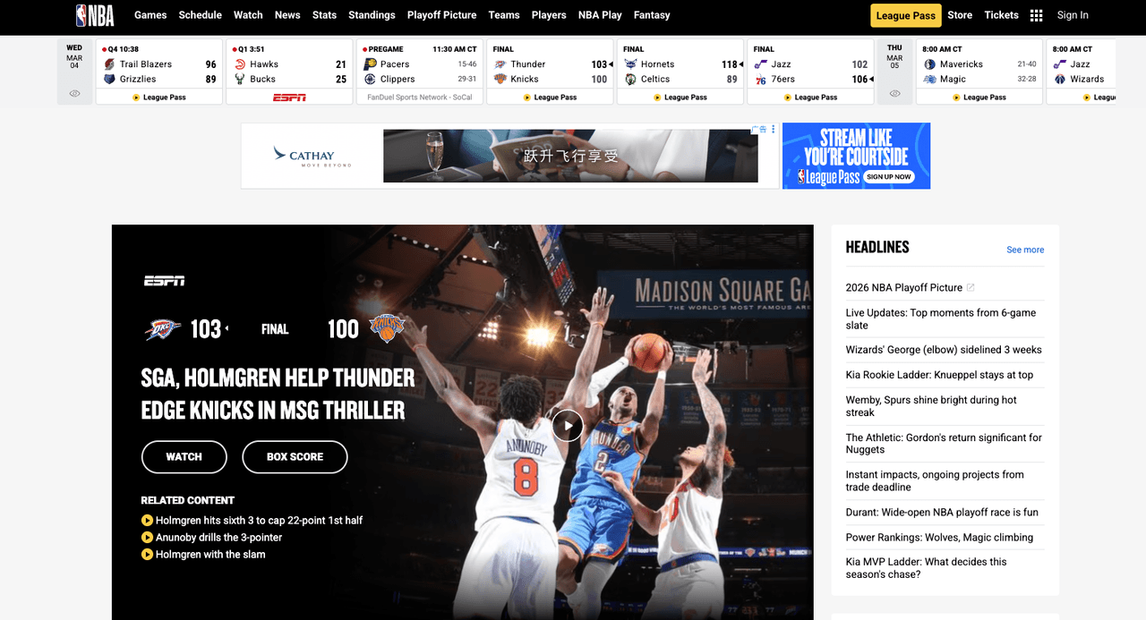 NBA.com homepage showing League Pass promo banner and sign-in options to manage and cancel NBA League Pass subscription directly in account settings for 2026 season