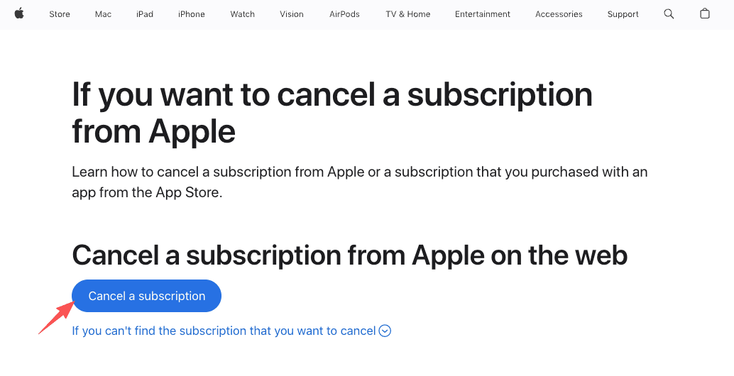 Click the blue cancel a subscription button on the Apple website to cancel peloton membership billed via the App Store.