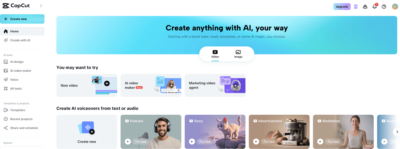 The CapCut interface showcasing AI tools, prompting users to search for CapCut Pro alternatives.