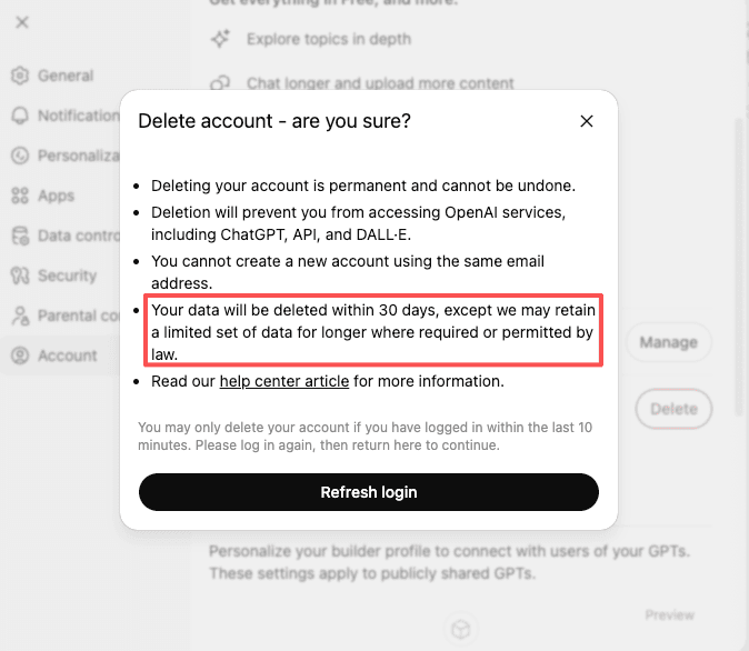 Read the 30-day data retention warning during the final confirmation step of how to delete chatgpt account safely.