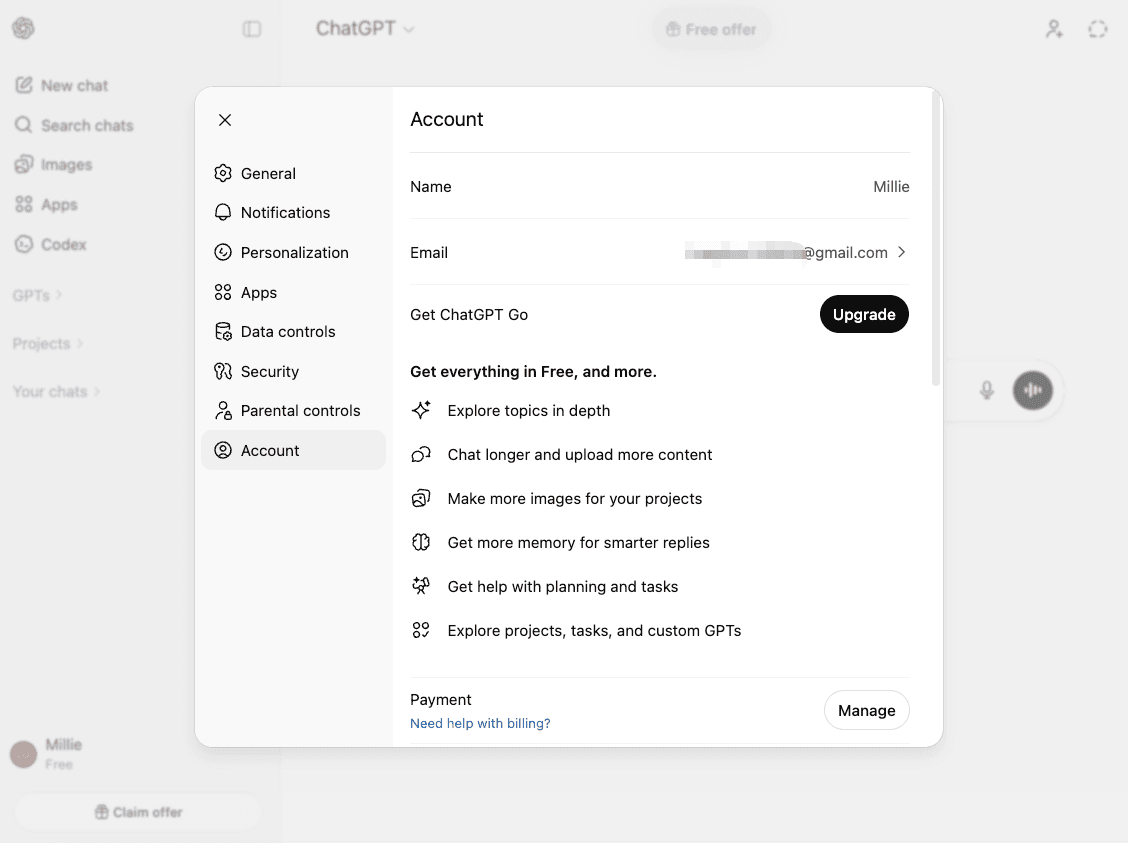 User account settings interface displaying the manage payment button for those asking how to cancel chatgpt plus subscription.