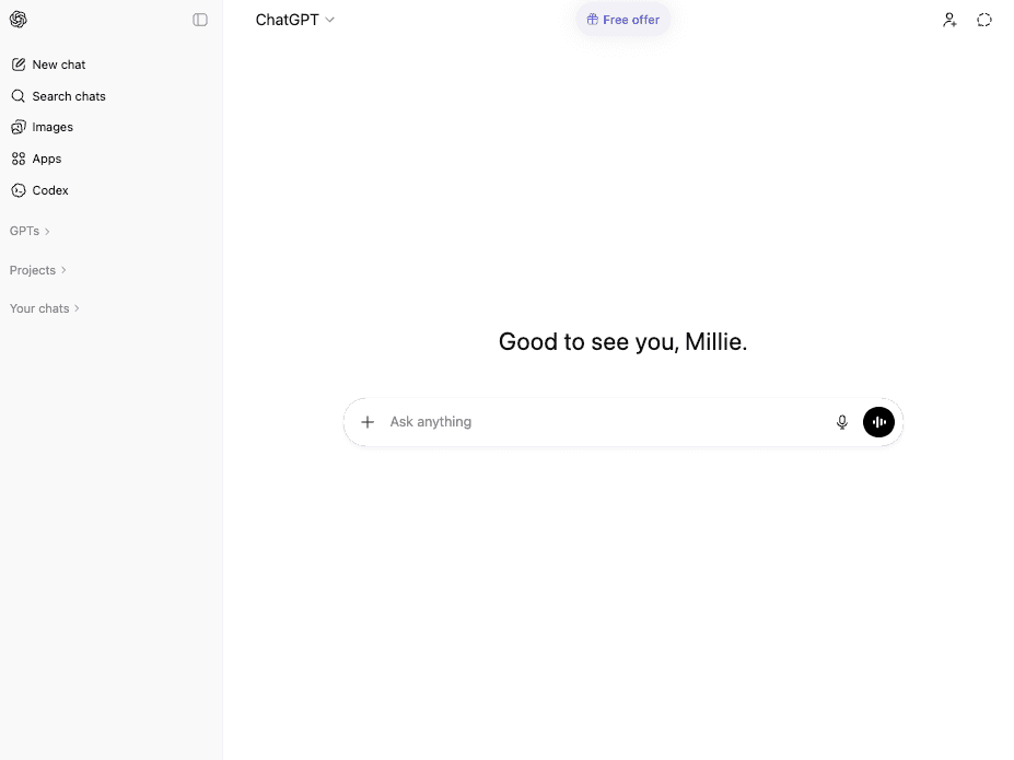 ChatGPT web app homepage screenshot displaying sidebar menu and free plan view, first step in learning how to cancel ChatGPT subscription from your account dashboard