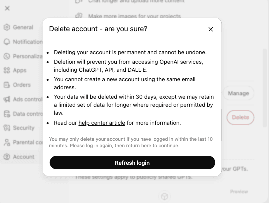 ChatGPT delete account popup warning that deletion is permanent, affects all OpenAI services including API, and data deleted after 30 days when you cancel ChatGPT
