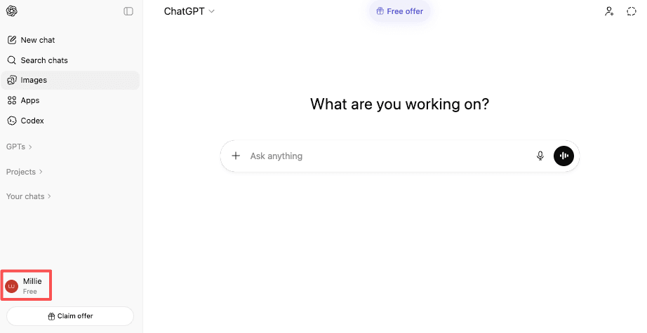 ChatGPT web interface sidebar displaying free user profile Millie and free offer banner after canceling ChatGPT subscription