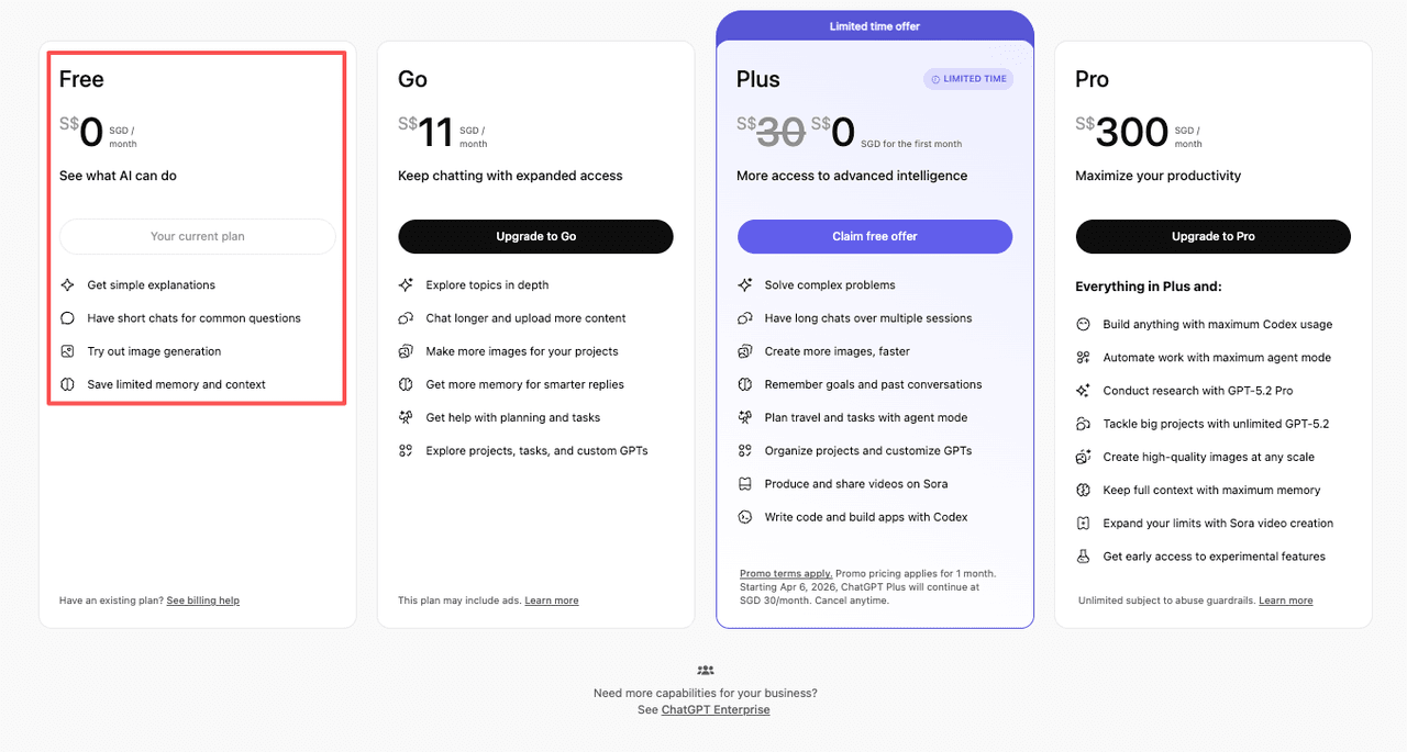 ChatGPT pricing tiers in 2026 showing Free plan details, Go at $11 SGD/month, Plus limited offer $0 first month, and Pro at $300 SGD to help decide before cancel ChatGPT