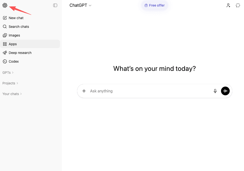 ChatGPT main chat interface and sidebar. When comparing claude vs chatgpt vs gemini, ChatGPT leads in deep research.