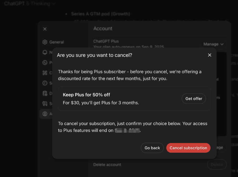 A popup window offering a discount before the final step to cancel chatgpt plus subscription on the web interface.