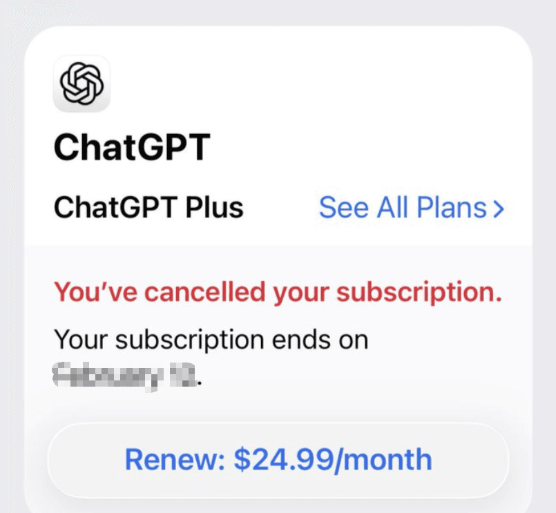 ChatGPT Plus subscription cancelled success message showing end date in February and no further charges, confirming how to cancel ChatGPT subscription successfully