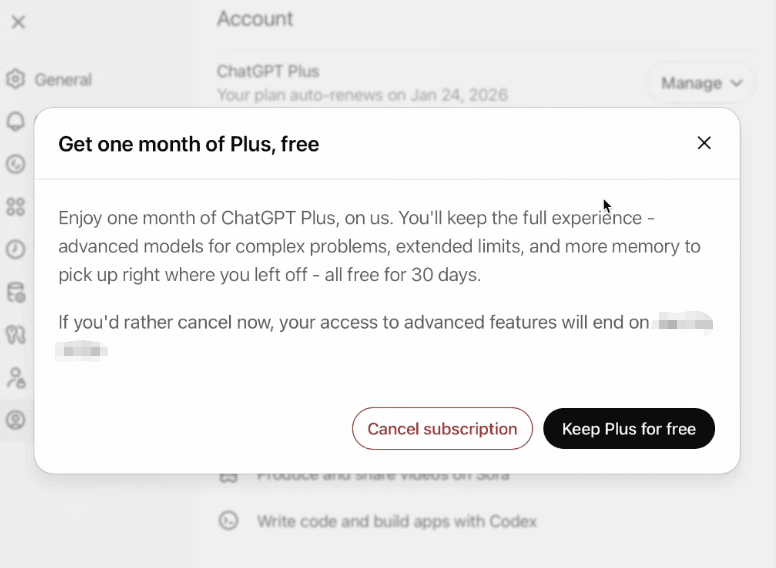 ChatGPT subscription cancellation popup offering one free month of Plus features before ending access, choice between cancel subscription or keep for free in process