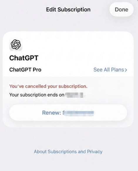 iPhone settings screen displaying a confirmation message for users searching how to cancel ChatGPT on iOS devices effectively.