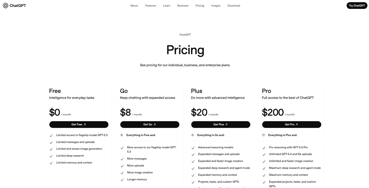 ChatGPT pricing plans including Plus and Pro tiers. Compare these costs in the claude vs chatgpt vs gemini review.