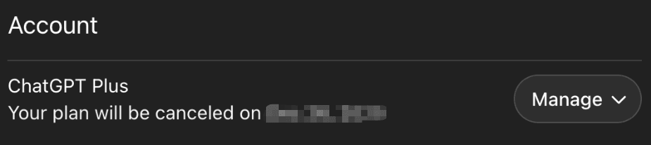 ChatGPT Account page confirming Plus plan canceled effective end of billing cycle on specific date after successful cancel ChatGPT subscription process