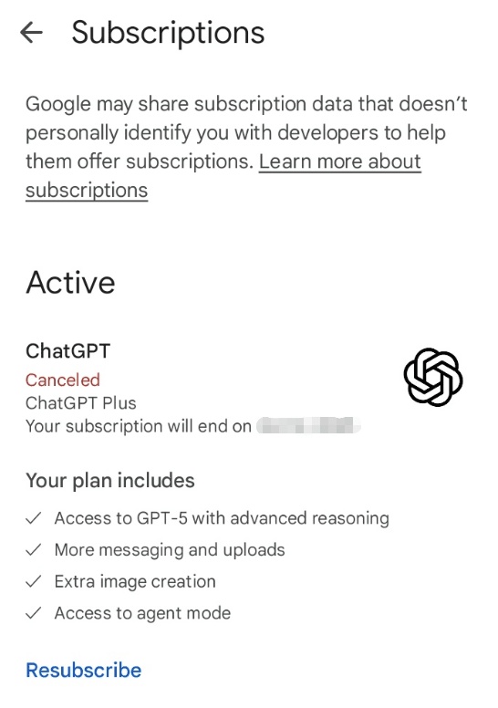 A Google Play screenshot showing a canceled plan status for users learning how to cancel ChatGPT subscriptions on Android.