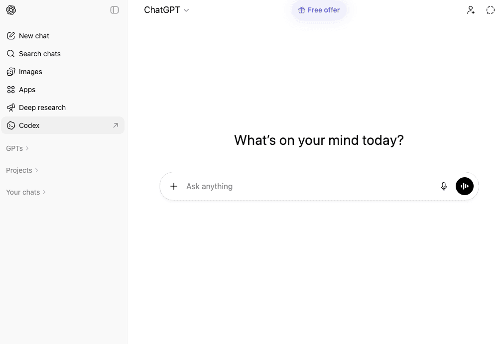 ChatGPT interface showing the Codex feature, relevant to claude vs chatgpt for coding.