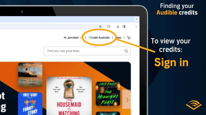 A laptop display highlighting the credit balance to encourage users to use credits before they cancel audible subscription.