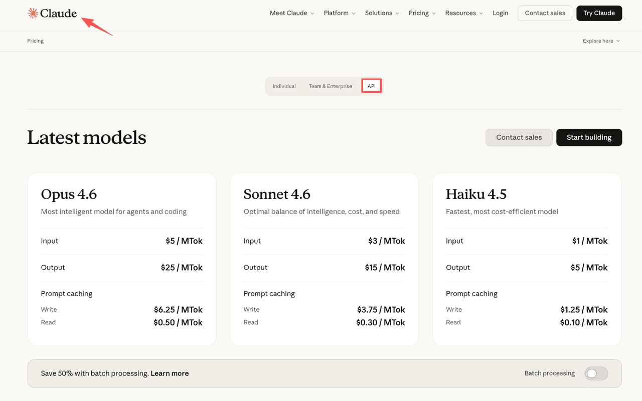 Claude API pricing for latest models Opus 4.6, Sonnet 4.6 and Haiku 4.5 showing input/output token costs, helpful when evaluating Claude alternatives.