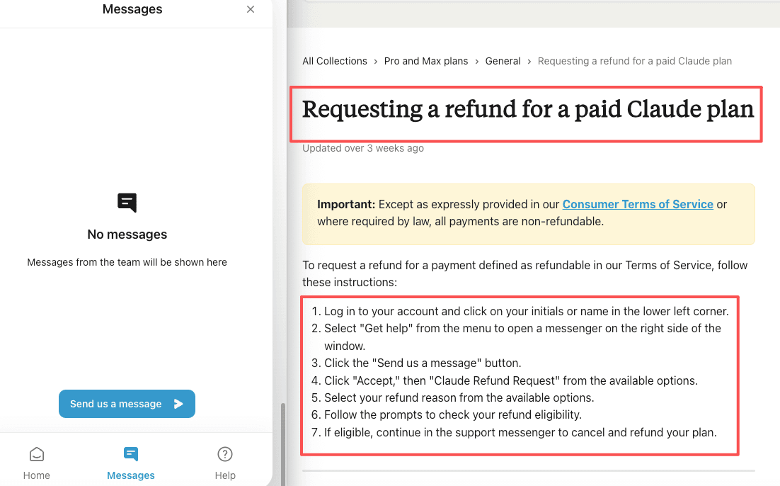 Follow these specific support instructions if you want to request a refund when you cancel Claude Pro subscription.