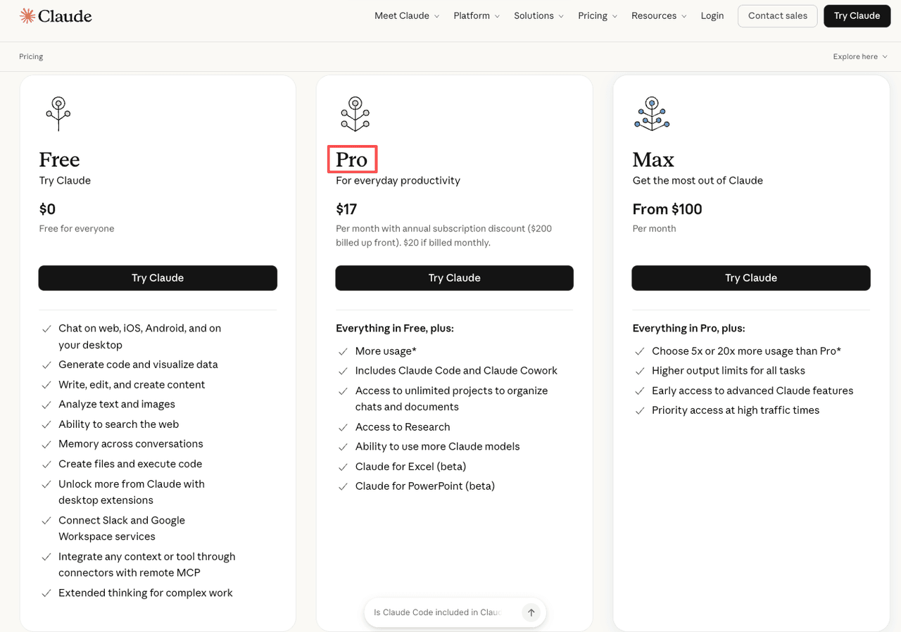 A screenshot showing Free, Pro, and Max subscription tiers for our comprehensive claude pro vs api review.