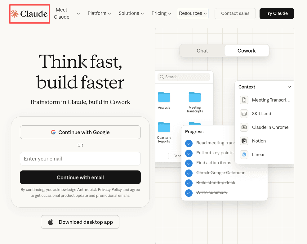 Claude web interface with login screen. In the claude vs chatgpt vs gemini debate, Claude offers unique cowork tools.