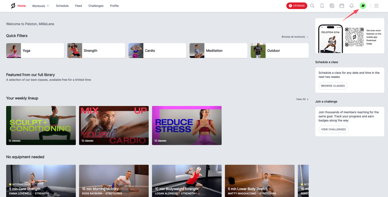 To start the process to cancel peloton membership online, click your profile icon in the top right corner of the site.