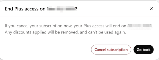 A browser pop-up window asking for final confirmation, a crucial step in the process of how to cancel ChatGPT Plus via the web.