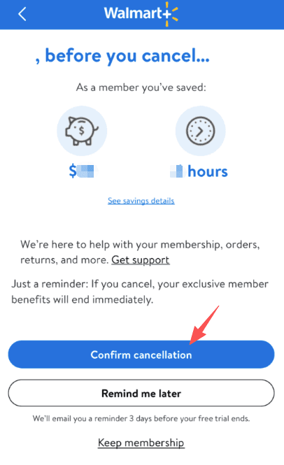 A red arrow pointing to the confirm cancellation button on the screen for how to cancel Walmart Plus membership.