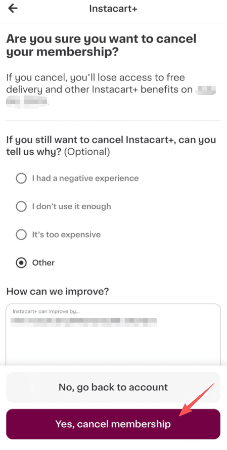 Final confirmation screen showing the button to click to successfully cancel Instacart Plus membership.