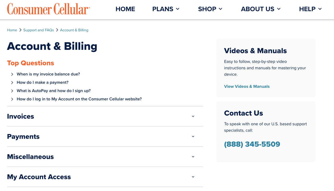 Consumer Cellular customer service account and billing FAQs including invoice due dates, payments, AutoPay setup, My Account login, and call support at (888) 345-5509