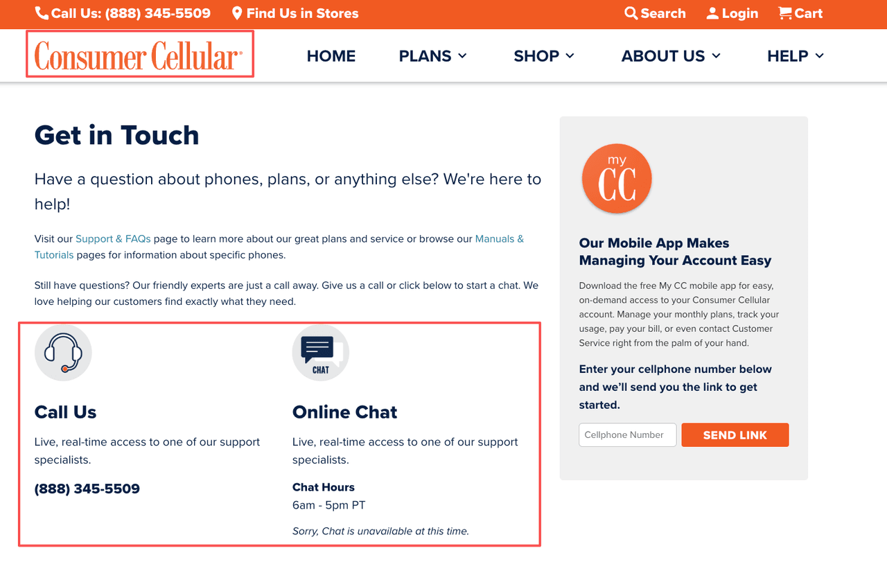 Consumer Cellular customer service contact page showing call us at (888) 345-5509, online live chat hours 6am-5pm PT, and easy mobile app account management