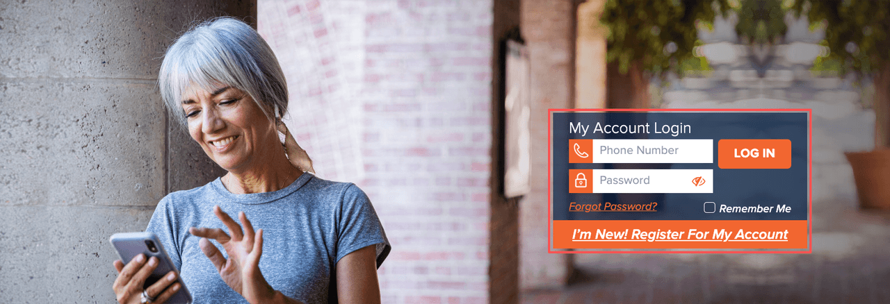 Senior customer using Consumer Cellular customer service login on mobile with phone number and password fields, easy access to account help and support features