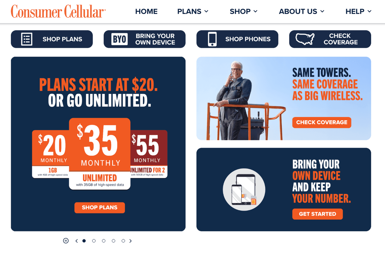 Consumer Cellular affordable plans starting at $20 with unlimited options and same coverage as big carriers, highlighting reliable customer service access