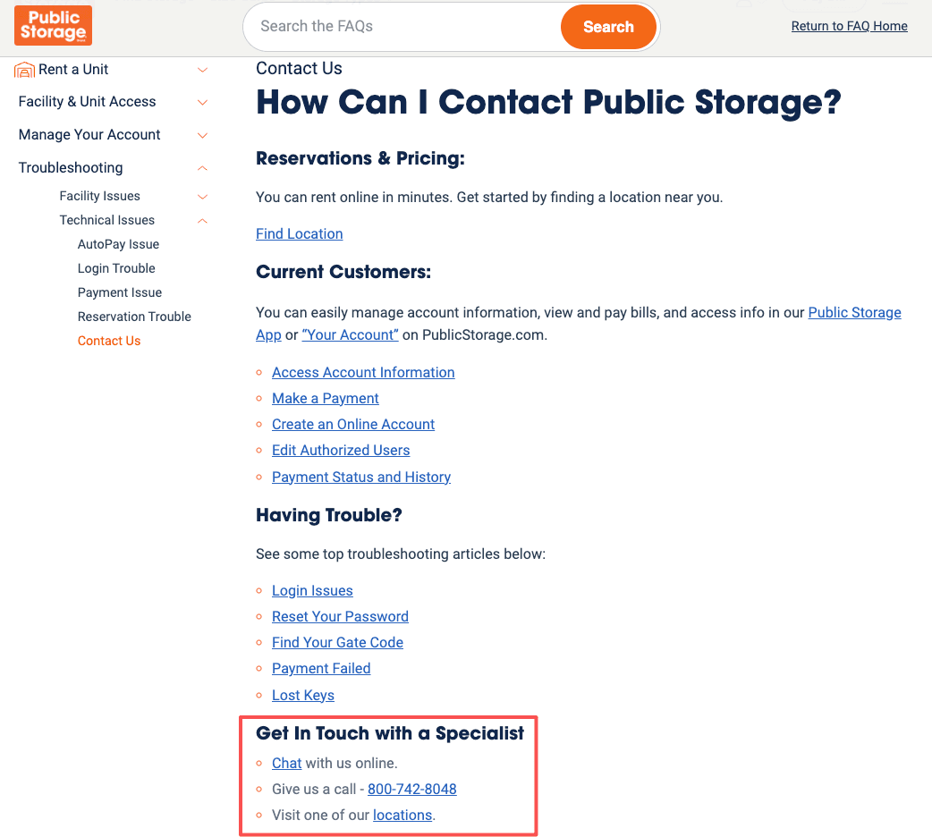 Public Storage help page with contact numbers and chat to discuss billing issues and public storage late fees.