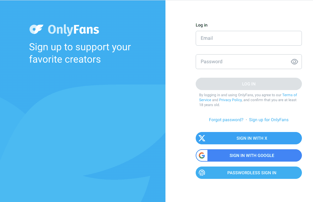 OnlyFans desktop login screen where users sign in to find settings on how to cancel OnlyFans subscription and billing.